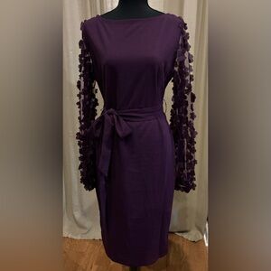 Women's Elegant Mesh Contrast Bishop Sleeve Bodycon Pencil Dress Large Purple